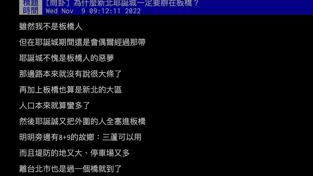 原PO好奇「為什麼新北耶誕城一定要辦在板橋？」（圖 / 翻攝自PTT ）