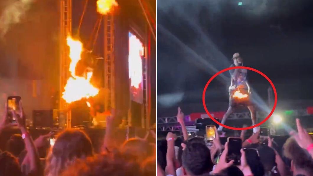 饒舌歌手瓊加表演期間被火柱擊中。（圖／翻攝自X@FOFOQUEl）