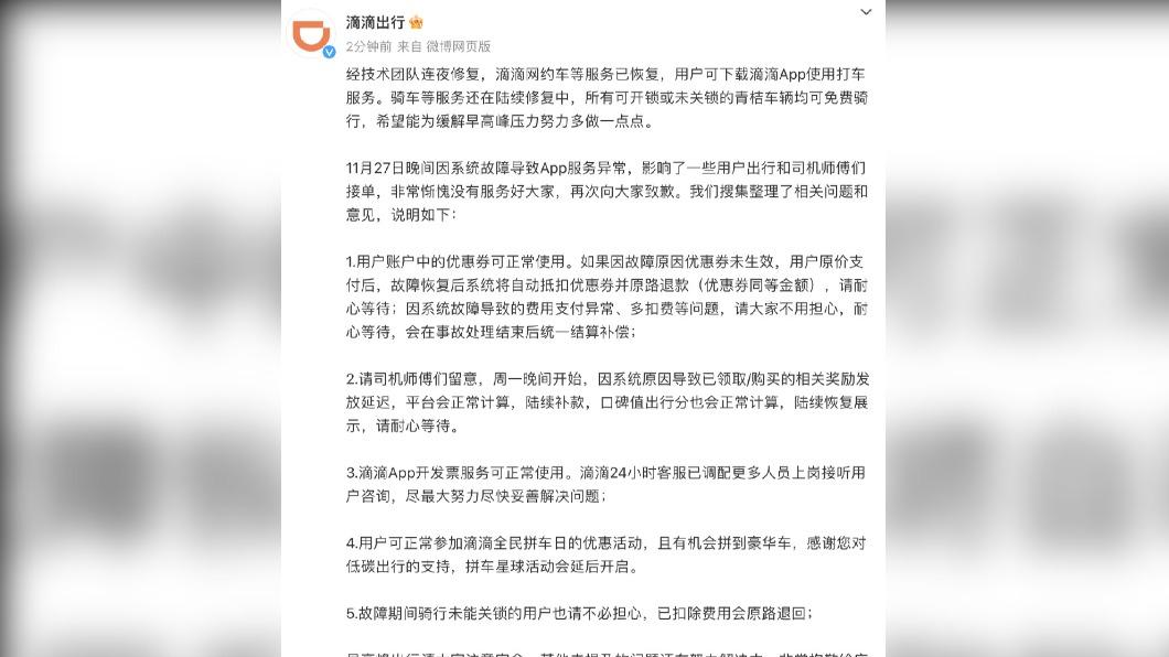 大陸網約車龍頭「滴滴」發生系統大故障,27日整晚多城市無法叫車。(圖/翻攝自滴滴微博)