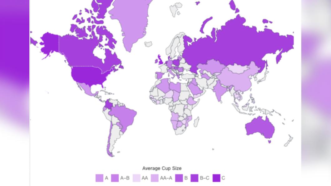 世界罩杯地圖。（圖／翻攝自World Population Review網站）