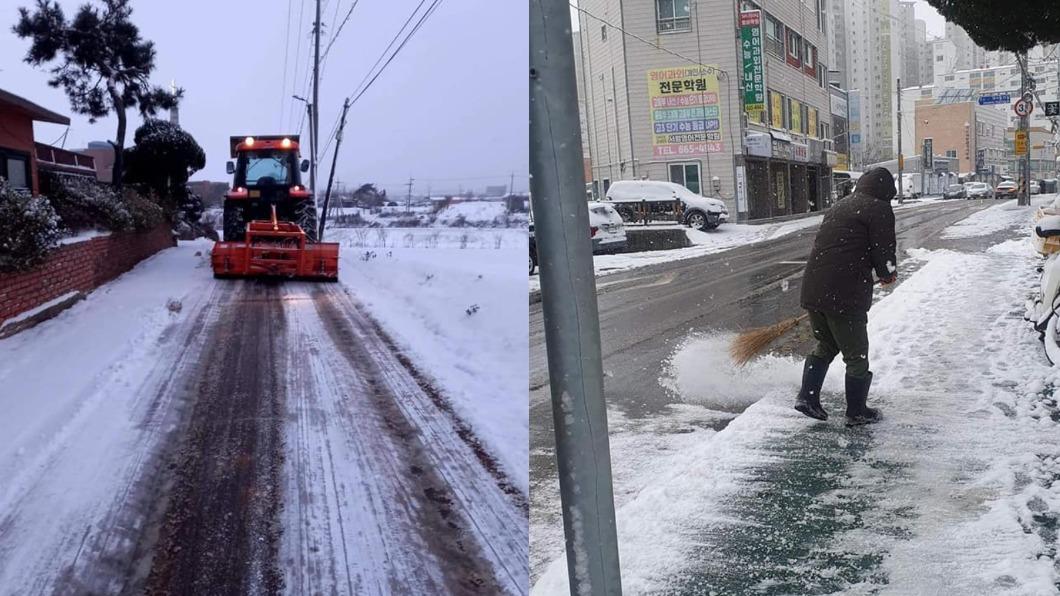 北極寒流襲擊南韓全境，忠清南道瑞山市也測出低溫並降雪。（圖／翻攝自瑞山市官方粉專）
