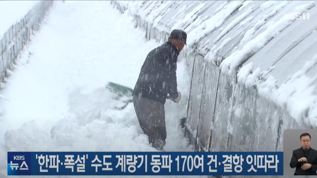 南韓受到強烈寒流衝擊，許多地區出現極低氣溫並降下大雪。（圖／翻攝自KBS新聞畫面）