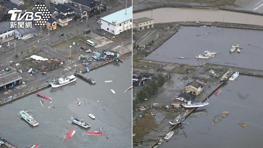 珠洲市在能登半島地震中遭受重創，甚至出現漁船翻覆、被沖上岸的慘況。（圖／達志影像美聯社）