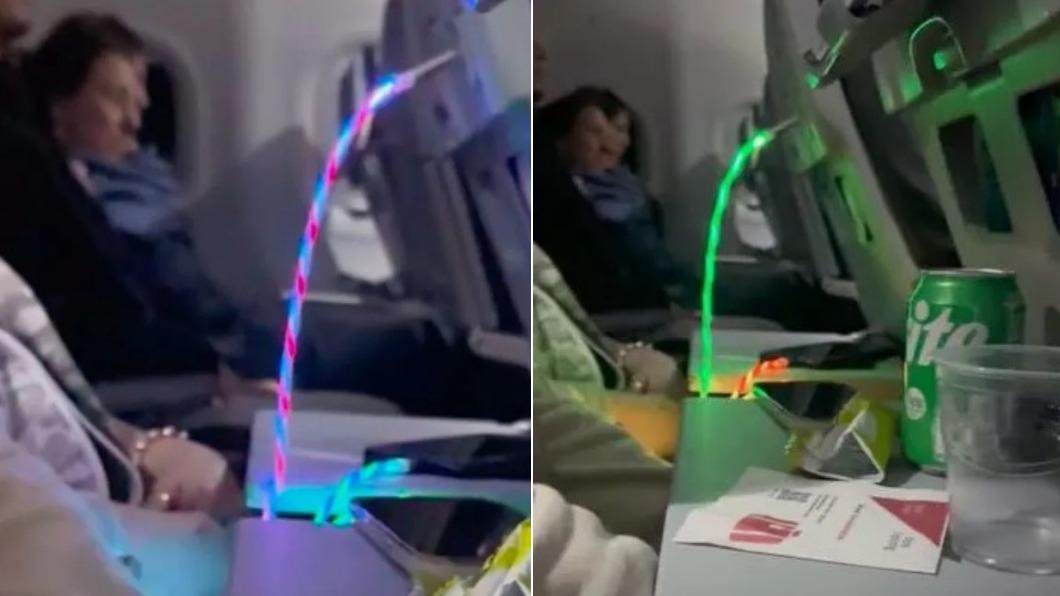有網友在社群貼出自己搭機時遇到其他乘客使用「螢光充電線」的離譜畫面。（圖／翻攝自People）