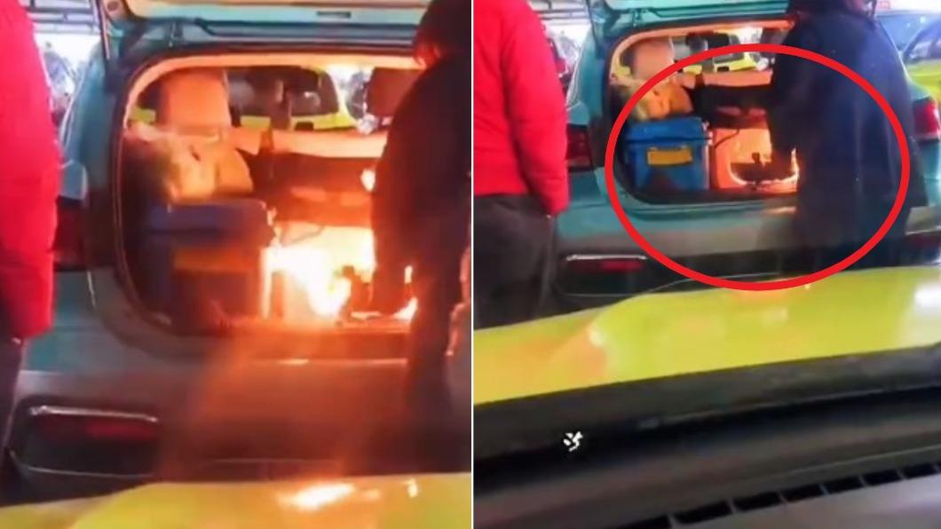 中國網友拍下計程車女司機在後車廂生起明火炒菜的畫面。（圖／翻攝自星視頻）