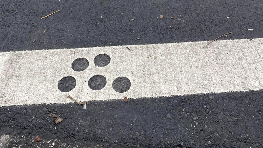 網友發現斑馬線有5個圓孔。（圖／翻攝自臉書「路上觀察學院」）