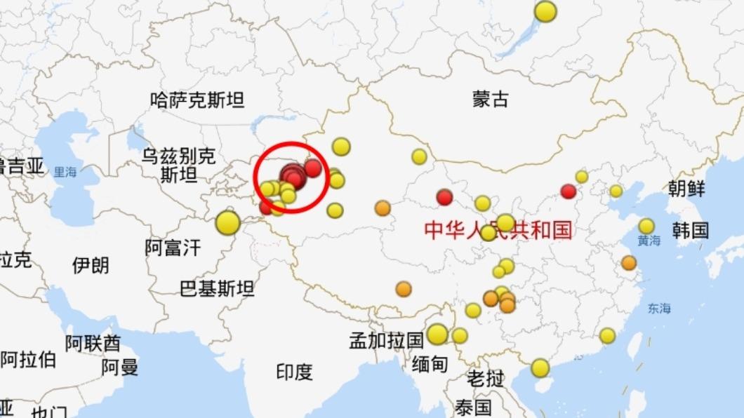 新疆1/23地震為紅圈圈起來，紅點處。(圖／翻攝中國地震台網)