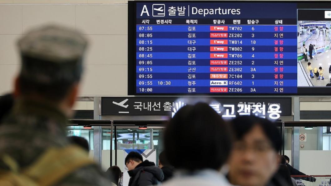 南韓濟州機場暴風雪「逾200航班停飛」。（圖／翻攝自《韓聯社》）