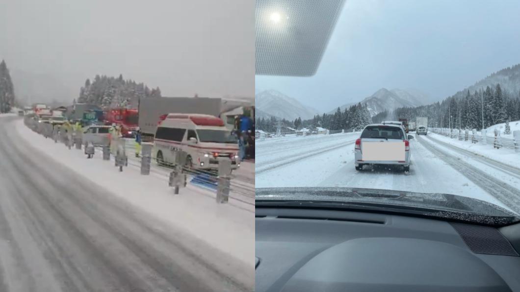 日本新潟縣湯澤剛發布大雪警報，就發生卡車撞巴士意外。（圖／翻攝自X@ika_ikarashi、tokyoaccident）
