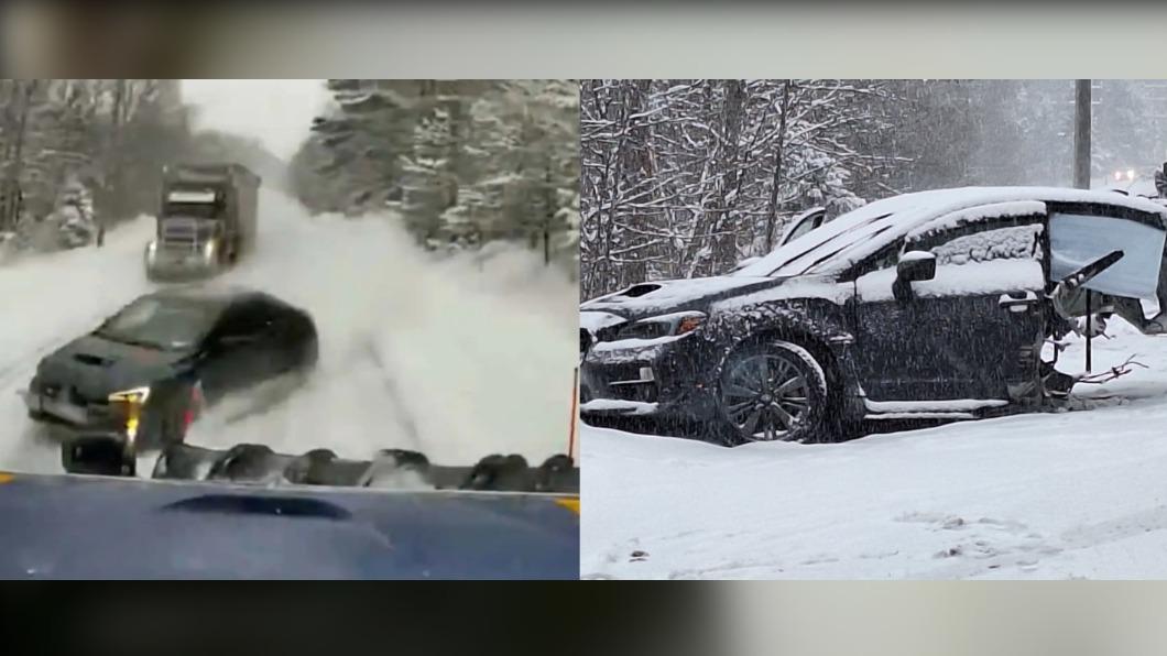 Subaru WRX撞鏟雪車遭「削成2半」 。（圖／翻攝自 X）