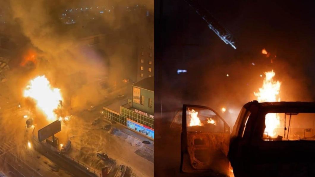 蒙古首都烏蘭巴托（Ulaanbaatar）天然氣卡車爆炸，道路一片火海。（圖／翻攝自 X）