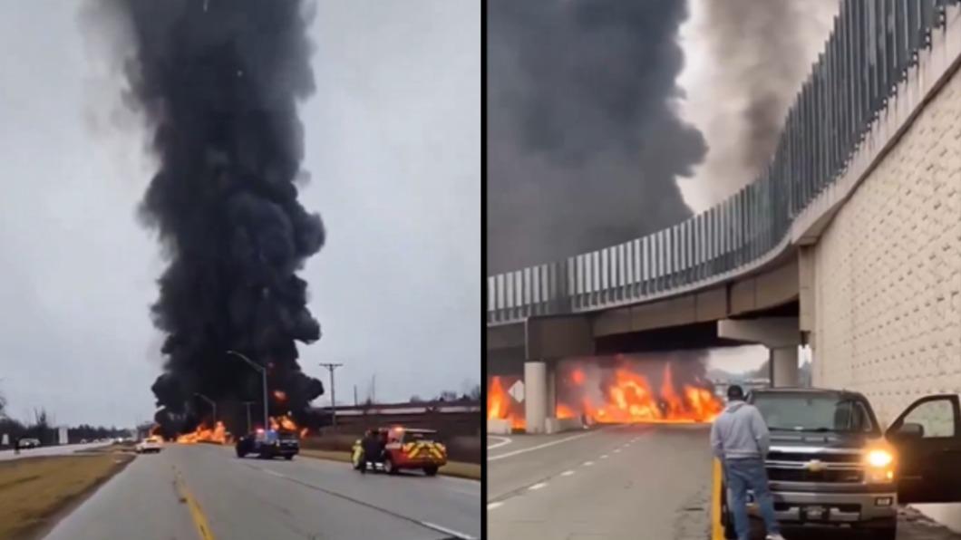 美國一輛油罐車當地時間27日上午墜橋炸成火球。（圖／翻攝自 X）