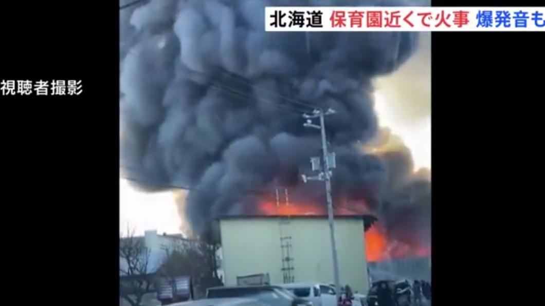 北海道函館市一處建設公司倉庫今晨發生大火。（圖／翻攝自北海道放送）
