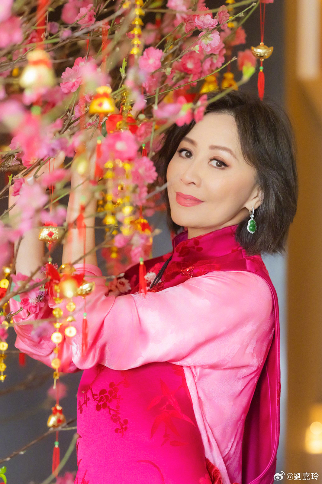 劉嘉玲身穿桃紅色的傳統中式服裝與桃樹合影。（圖／翻攝自劉嘉玲微博）