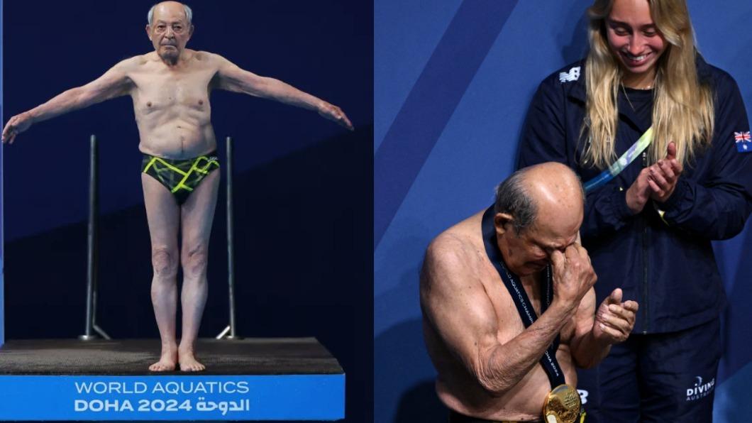 100歲「伊朗跳水之父」阿斯卡利（Taghi Askari）重返跳台，獲頒金牌哽咽落淚。（圖／翻攝自 X）