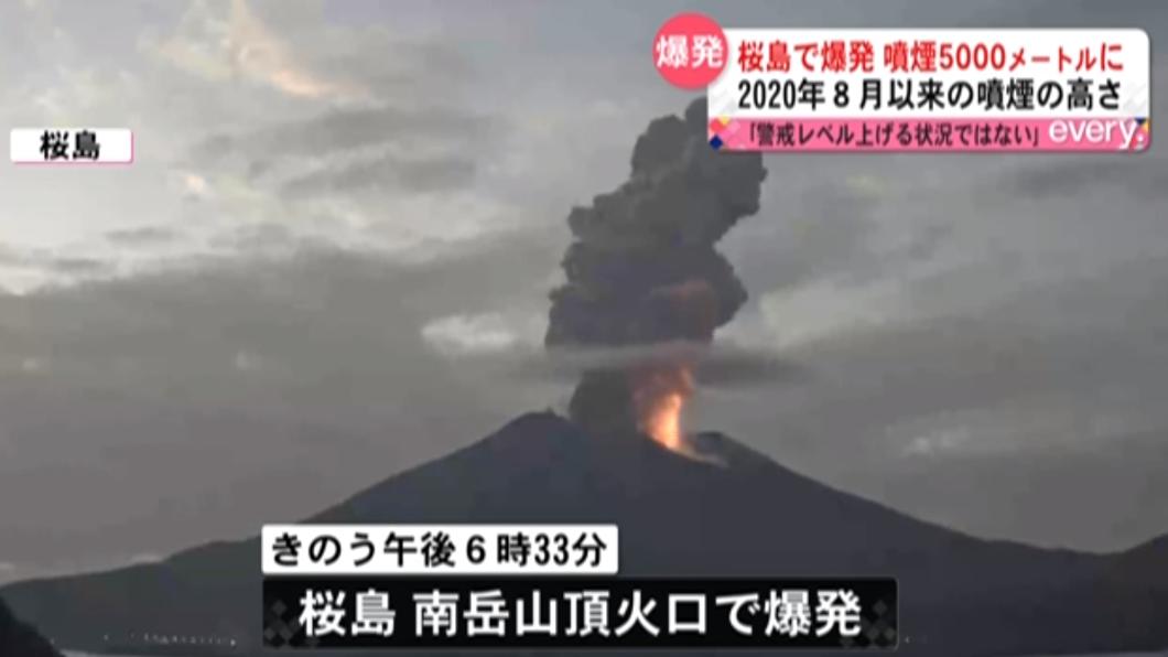 櫻島火山於當地時間14日晚間6時30分左右噴發。 （圖／翻攝自鹿兒島讀賣電視台）