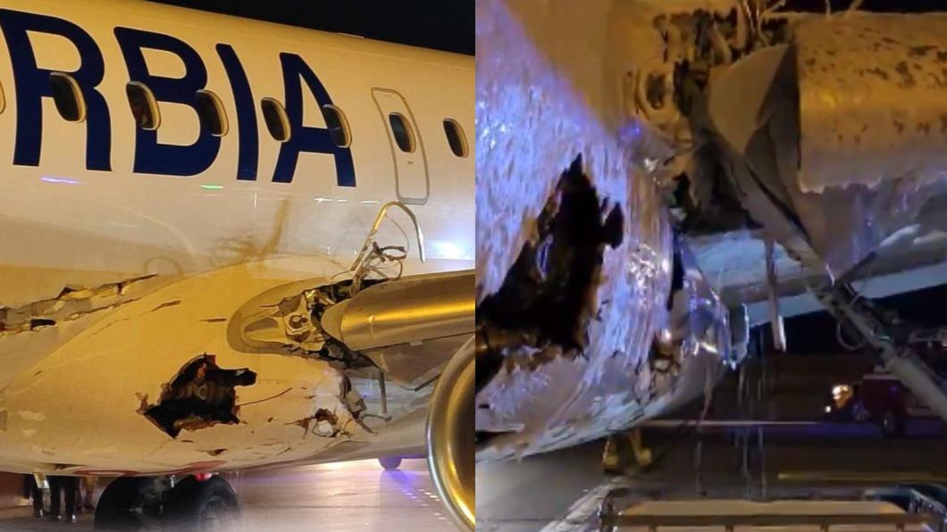 一架客機從塞爾維亞起飛後撞到跑道設施，機身破大洞。（圖／翻攝自Ｘ＠FlightModeblog）