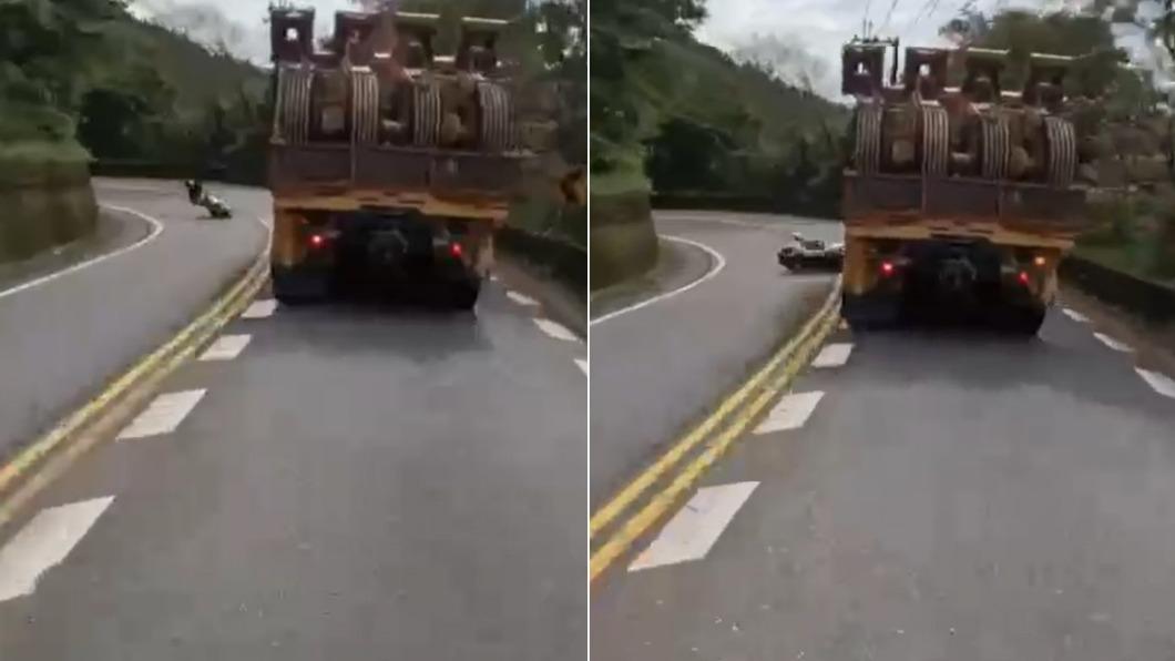 行車紀錄器拍下機車騎士打滑自摔過程。（圖／民眾提供）