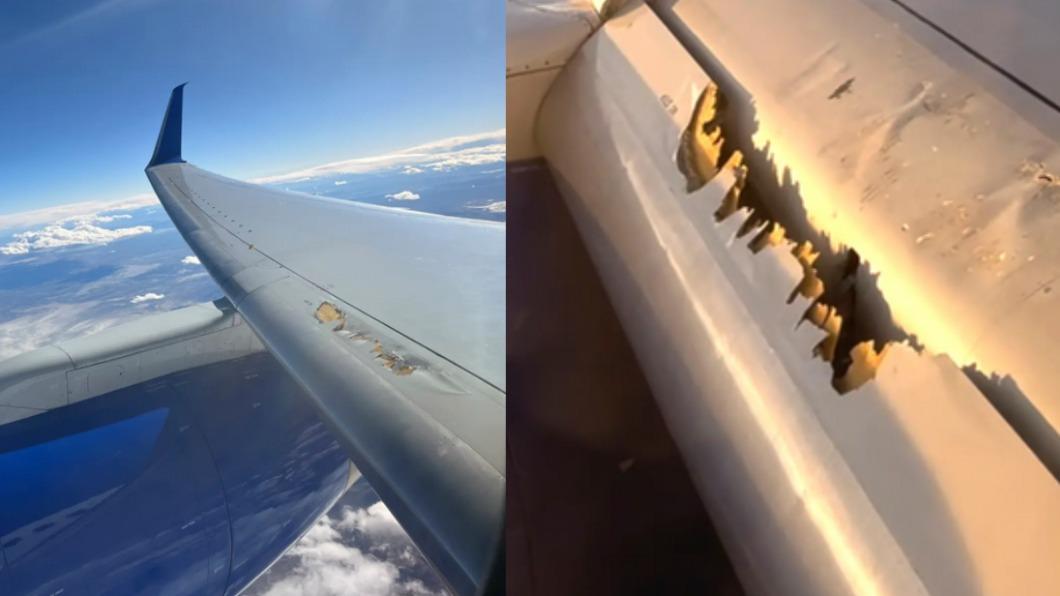 美國聯合航空（United Airlines）波音757客機起飛後，被乘客發現「右機翼破損」。（圖／翻攝自《紐約郵報》）