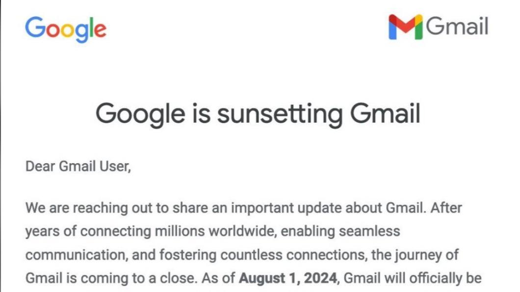 在社群平台上瘋傳的假聲明，稱Google即將終止Gmail服務。（圖／翻攝自@ChrisJBakke推特）