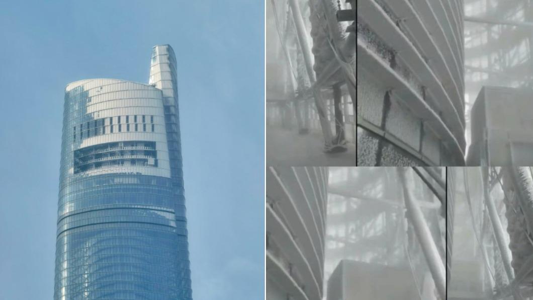 民眾發現上海中心大廈頂端「結冰」。（圖／翻攝自微博@十萬克觀察家、東方網）