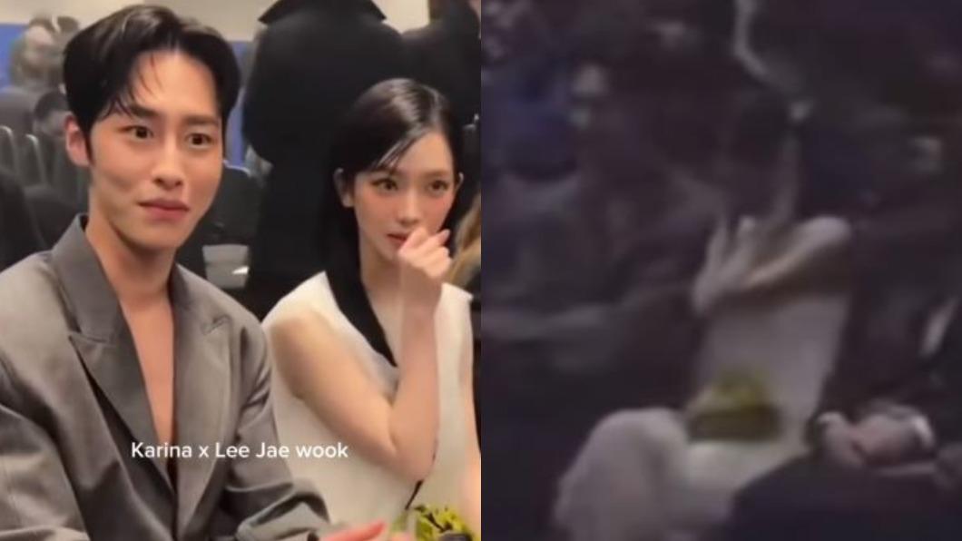 李宰旭與Karina在米蘭時裝週互動頻繁，女方還一度害羞到雙手摀耳。（圖／翻攝自「@idolissue」IG）