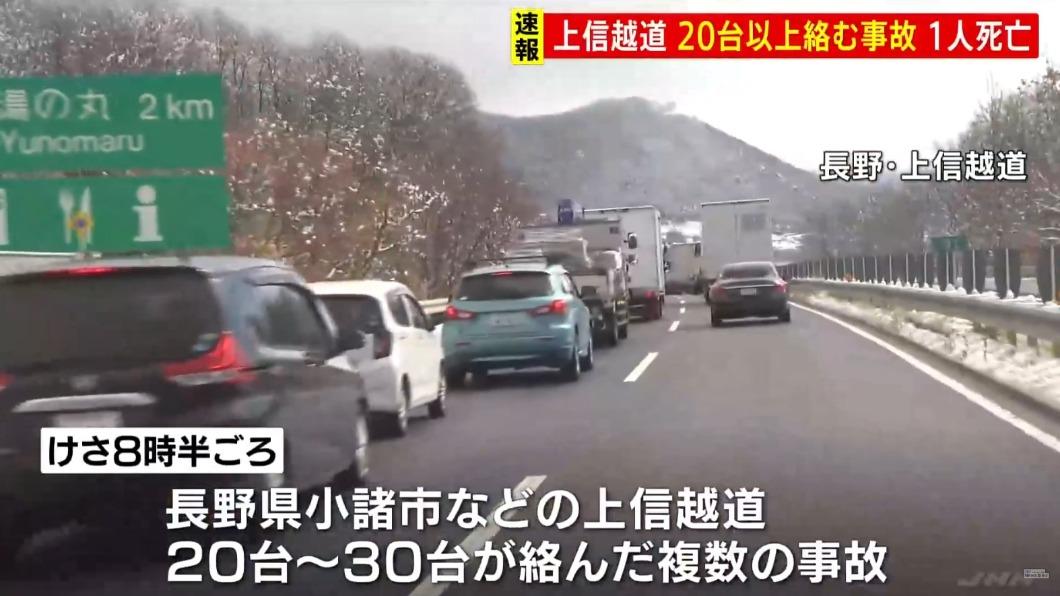 長野縣的上信越高速公路約20至30台車輛遭車禍波及。（圖／翻攝自TBS電視台）