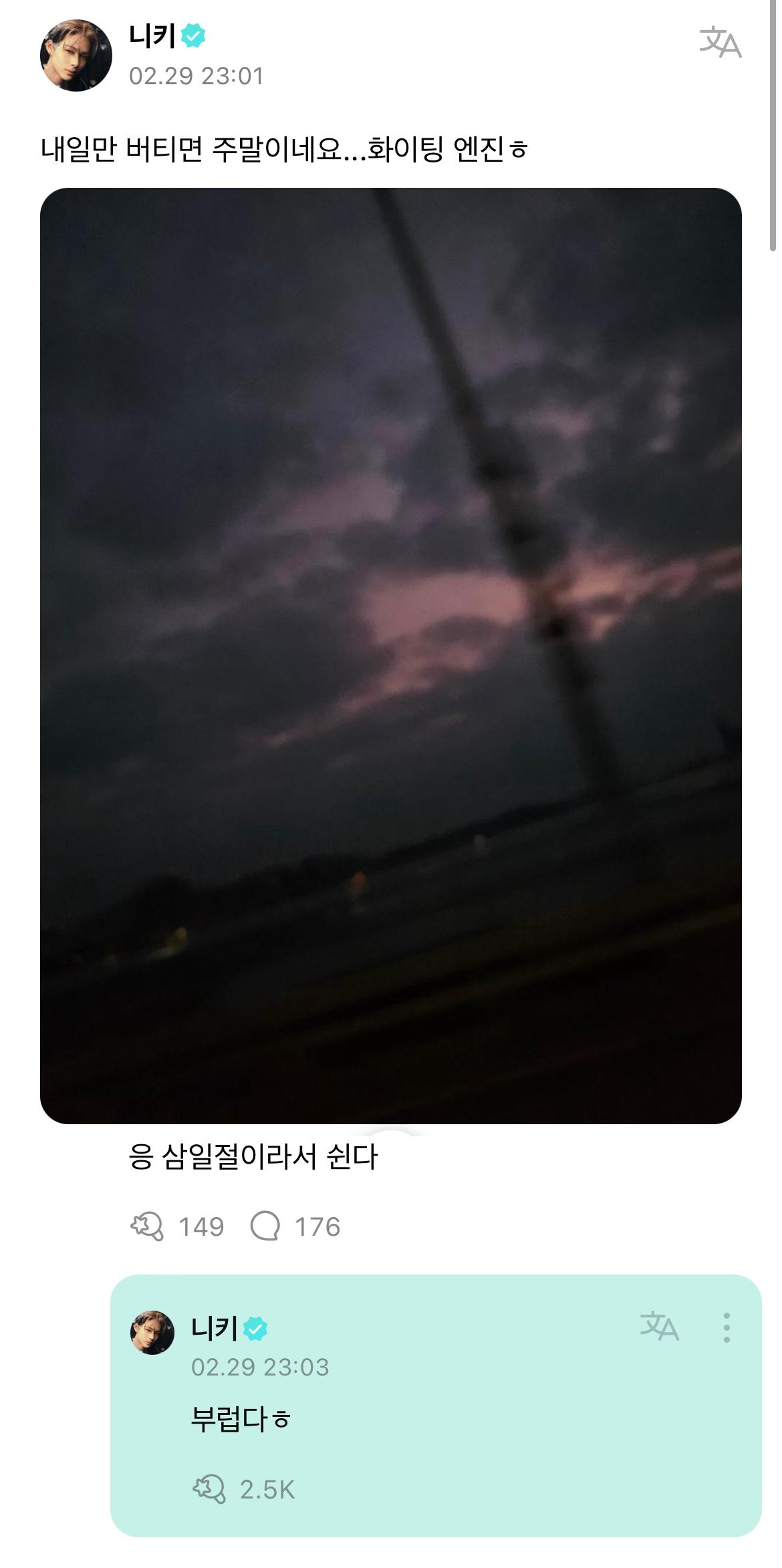 NI-KI昨晚發文稱羨慕韓國有三一節。（圖／翻攝自Theqoo）