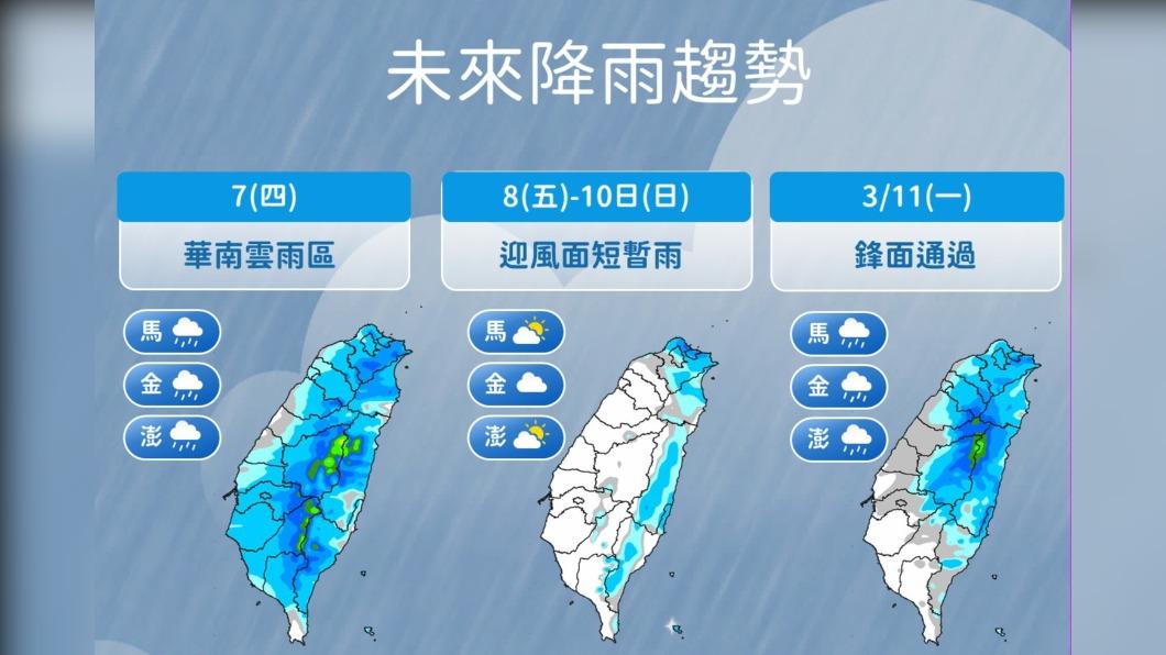 明天（8日）降雨範圍逐漸縮減。（圖／中央氣象署）