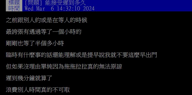 原PO好奇發問，想知道眾人對於遲到的容忍度有多高？（圖／翻攝自PTT）