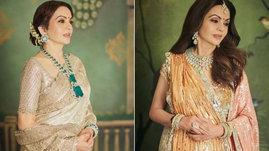 印度「信實集團」董事長安巴尼的妻子妮塔配戴價值驚人的項鍊和鑽戒。（圖／翻攝自Instagram@manishmalhotra05）