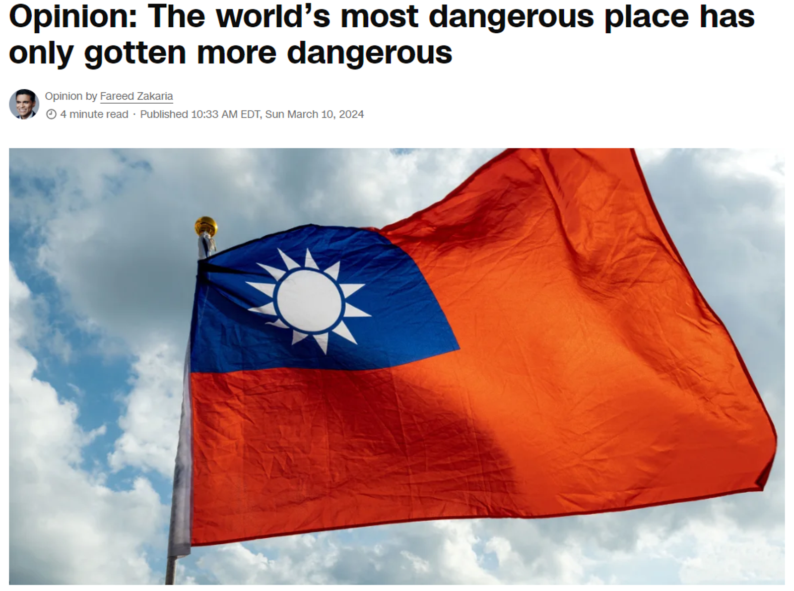CNN主持人評台灣兩岸，「世界最危險的地方只會變得更危險」。（翻自CNN網站）