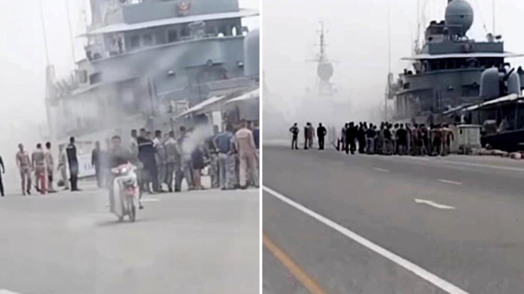 泰國海軍14日發生砲擊意外，同在港口的春武里號不小心誤擊奇立拉特號，造成火災和3人受傷。（圖／翻攝自推特@ThaiEnquirer）