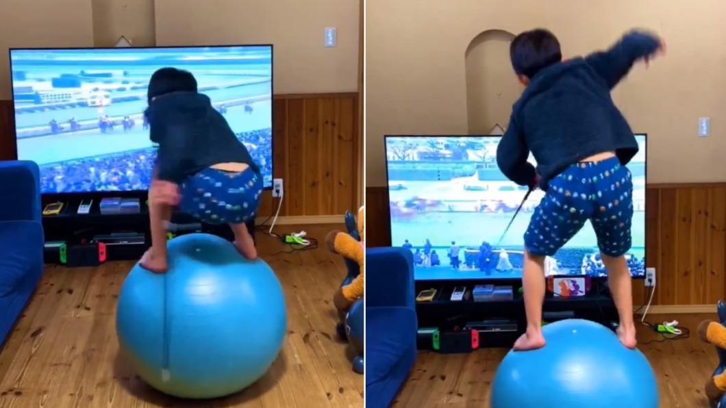 日本男孩在電視機前「騎乘瑜珈球」的影片讓他爆紅。（圖／翻攝自X@_michelle1）