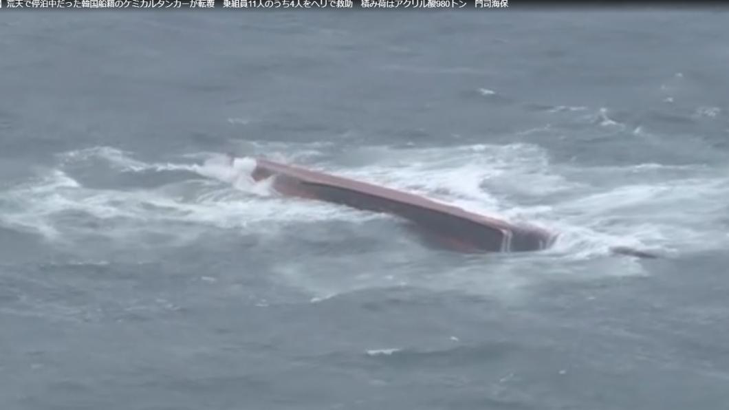 一艘載送化學物質的韓國船隻於日本時間上午7時左右發生翻覆，至少8人死亡。（圖／翻攝自FBS福岡放送）
