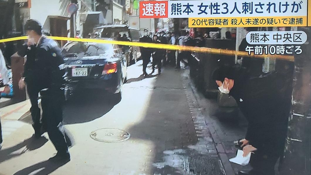 日本九州熊本鬧區22日突發持刀襲擊，有3名女性被波及受傷。（圖／翻攝自X @ir9NfTerZKqUPU）