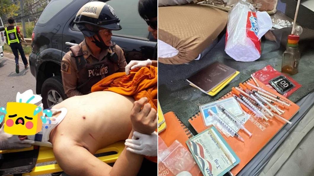 泰國有名男僧侶在綁架男網友的途中發生交通事故，車上更被搜出吸毒工具。（圖／翻攝自Facebook@พี่หลวงย้อย มาแล้ว）
