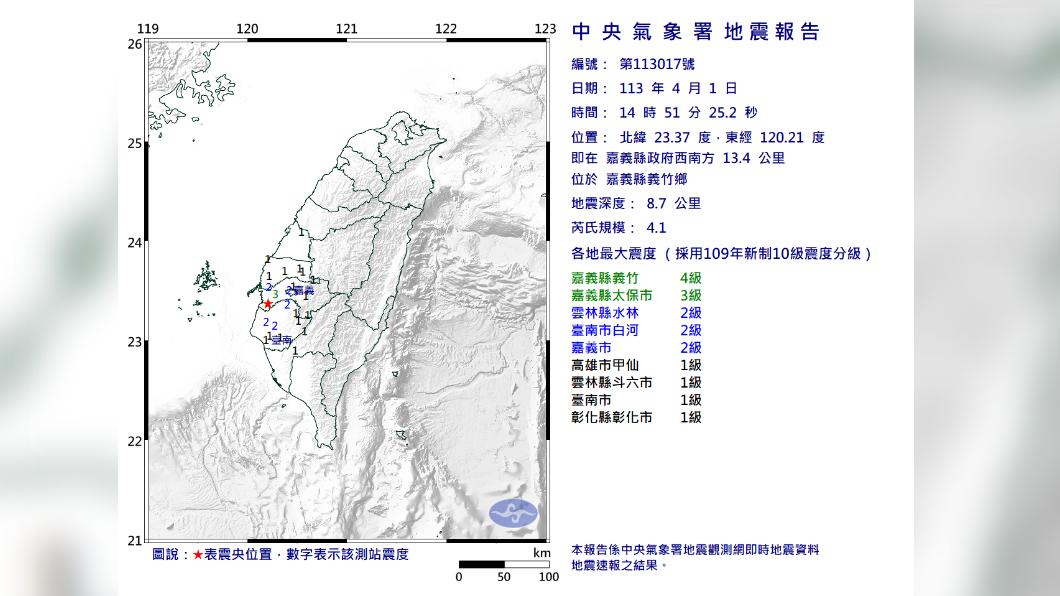 今天下午14時51分嘉義縣發生芮氏規模4.1地震。（圖／中央氣象署）