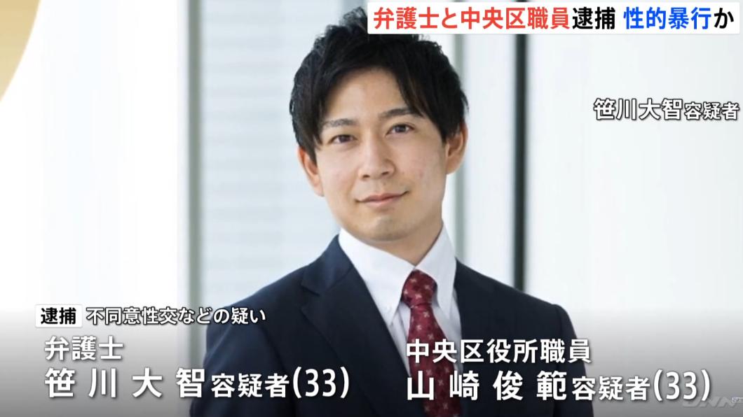 律師笹川（上圖）及區公所職員山崎遭指控不同意性交罪嫌，被警方逮捕。（圖／翻攝自TBS NEWS DIG）