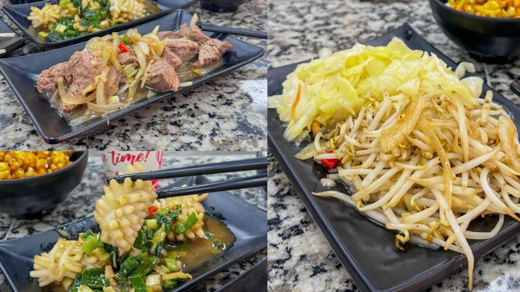 台南東區的「禾品平價鐵板燒」，菜盤可免費續加1次，還有自助吧。（圖／口袋吃吃五十咩提供）