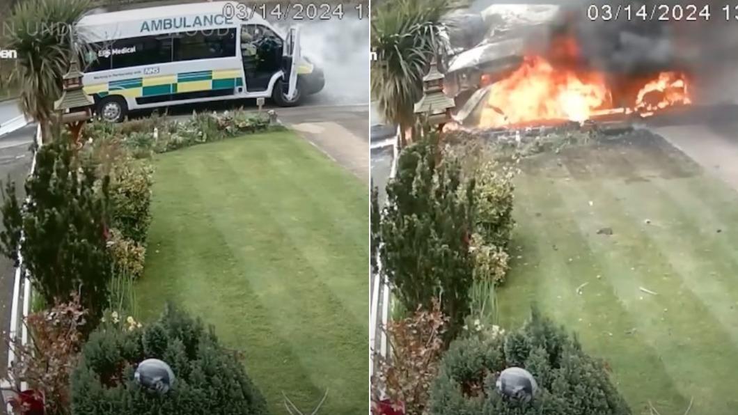 英國有輛救護車在送病患返家後，突然在路邊原地爆炸。（圖／翻攝自YouTube@The Telegraph）