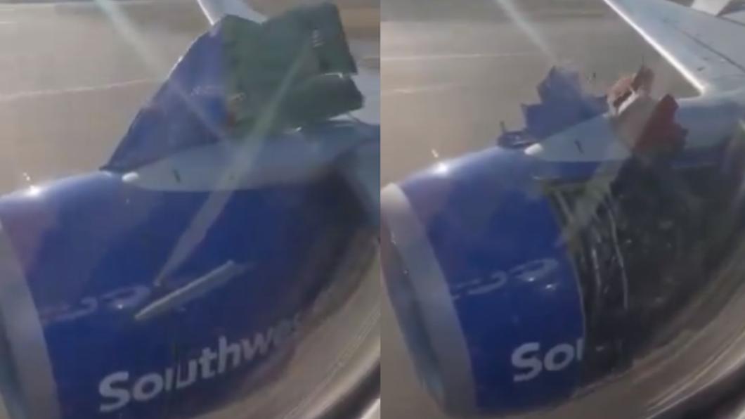 根據X平台上發布的影片，可以看見引擎的金屬外罩大片剝落，西南航空的LOGO被撕裂。（圖／翻攝自@ImMeme0推特）