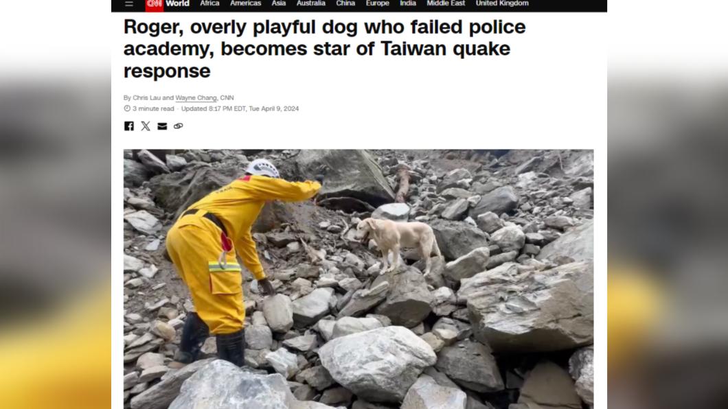 高雄消防局搜救犬Roger參與搜救工作的英姿登上美國CNN。（圖／翻攝自CNN）