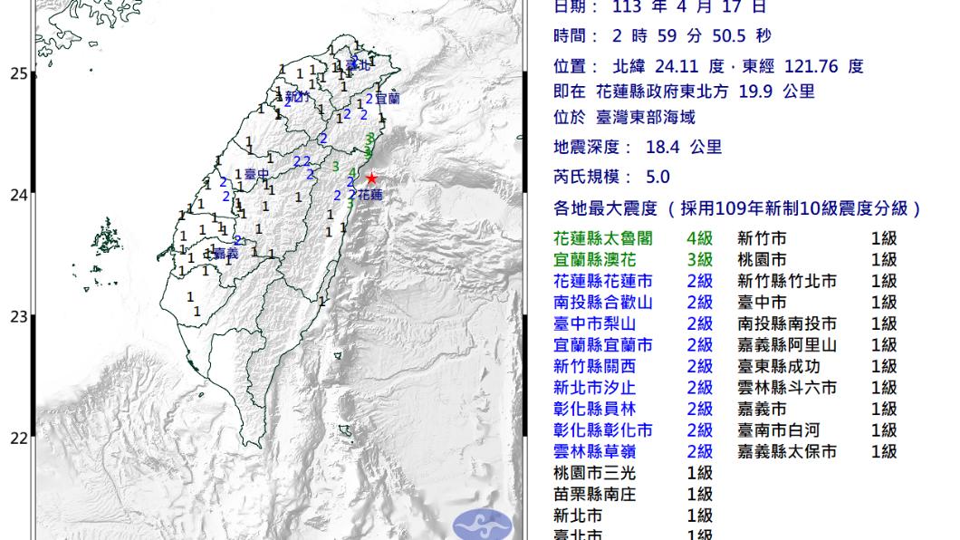花蓮縣外海凌晨規模5地震 　最大震度4級