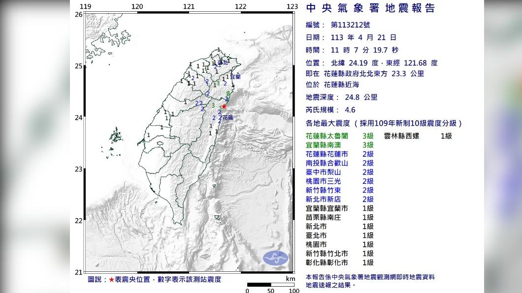 4月21日上午11時7分發生規模地震。（圖／氣象署提供）