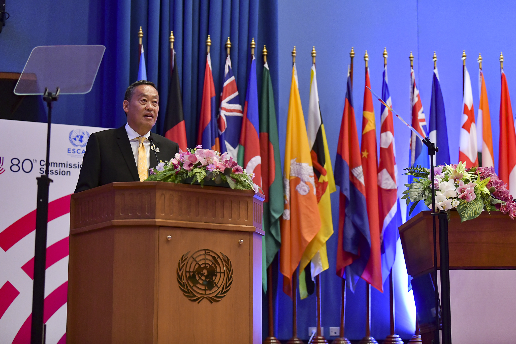 泰國總理賽塔在聯合國亞太經社委員會（ESCAP）年會開幕式致詞。（圖／中央社）