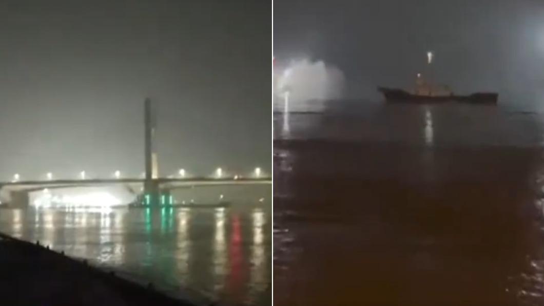 中國廣東佛山的九江大橋22日晚間驚傳防撞墩遭到船隻撞擊。（圖／翻攝自微博@澎湃新聞）