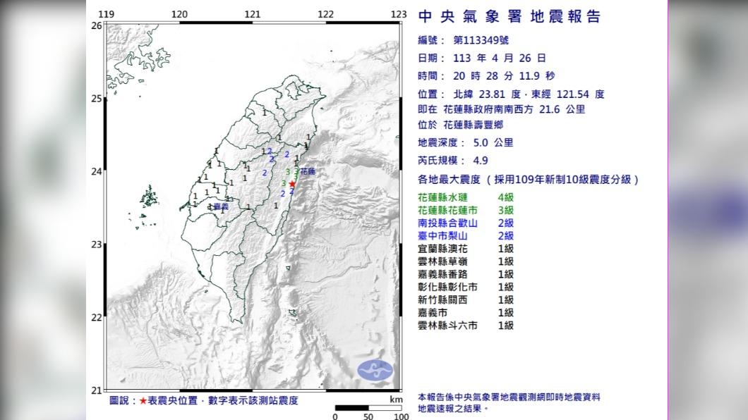 今（26）日20時28分，花蓮地區發生有感地震。（圖／中央氣象署）