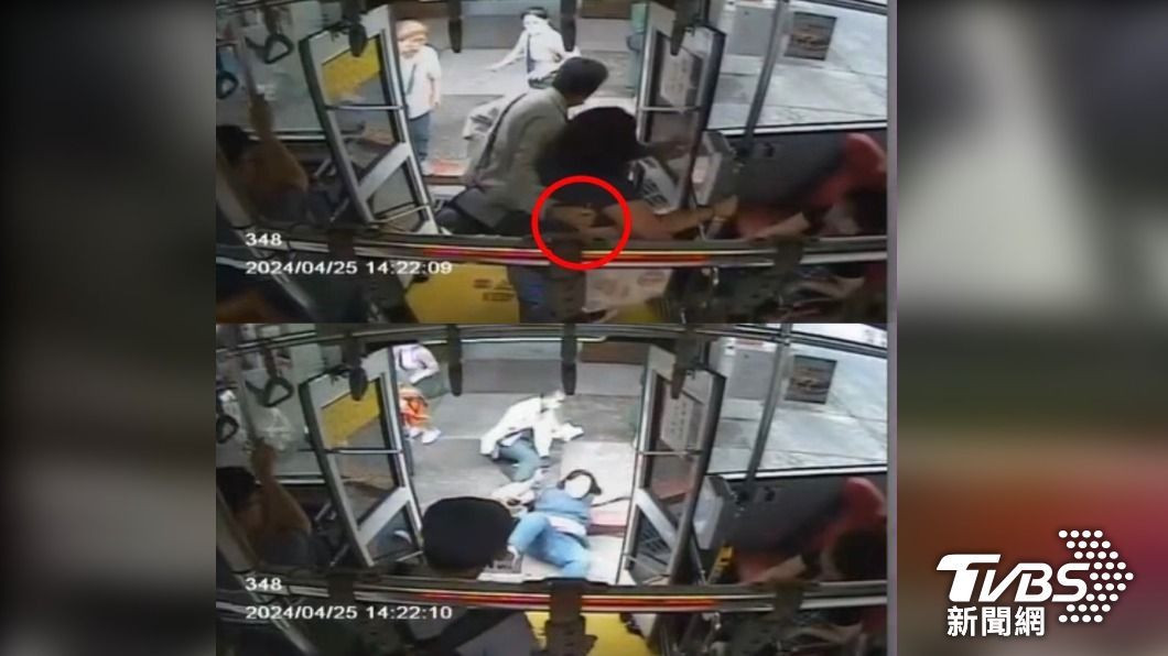 日前在基隆市公車內與婦人發生口角，涉嫌強拉婦人下車時雙雙倒地，起身後踹了婦人一腳離去，今老翁被警方帶回調查偵辦。（圖／ＴＶＢＳ）
