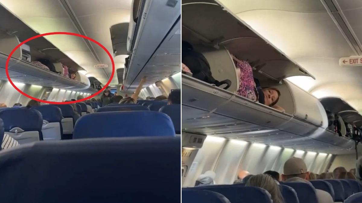 美國西南航空傳出有女乘客躺進座位上方的行李櫃，引發軒然大波。（圖／翻攝自X@ABC7）